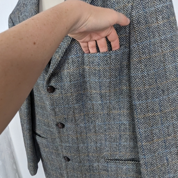 HARRIS TWEED Vintage Virgin Wool Herringbone Elbow Patch Blazer - Picture 6 of 14